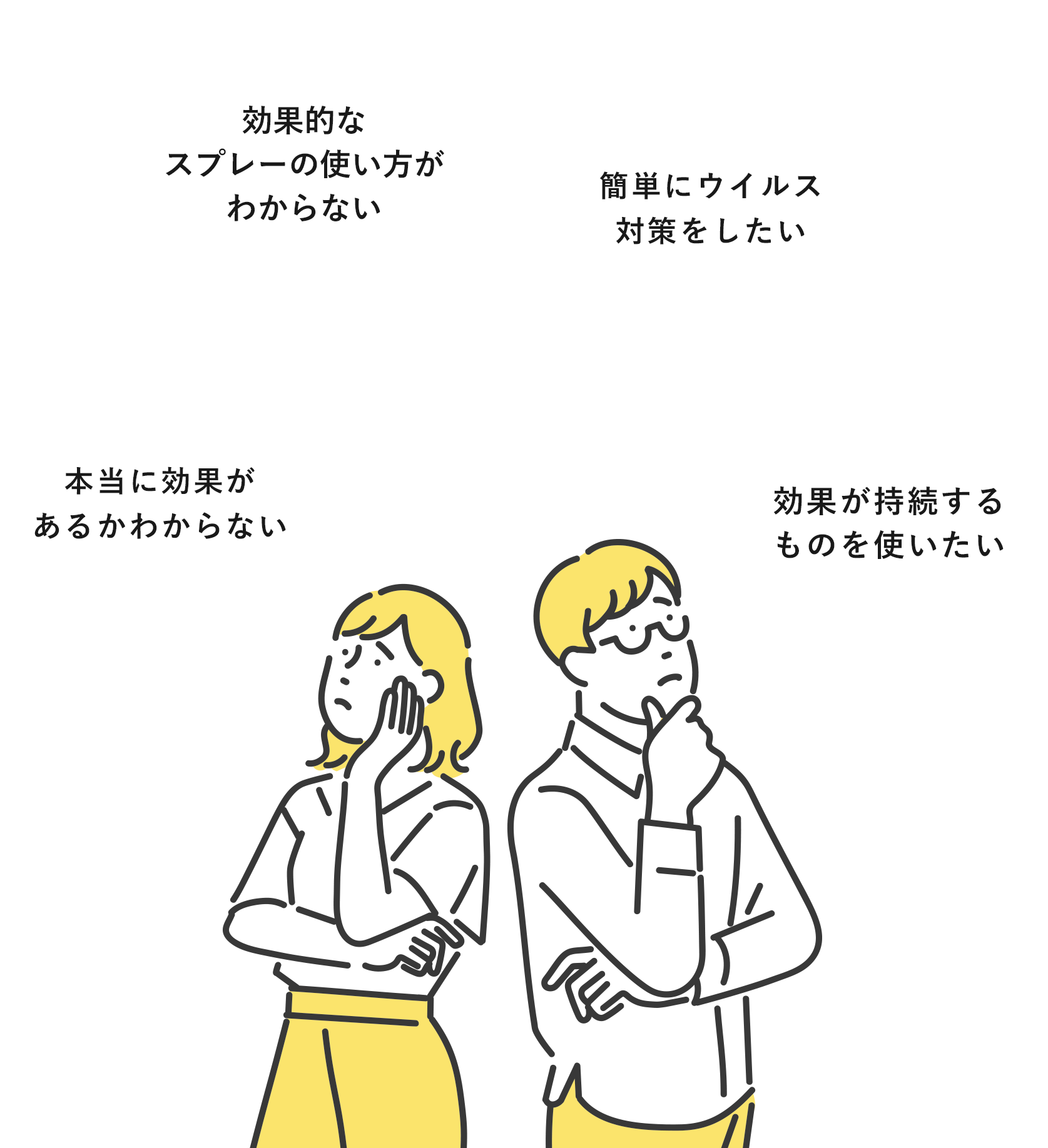 いつ吹きかければいいかわからない 簡単にウイルス対策をしたい 本当に効果があるかわからない 効果が持続するものが使いたい